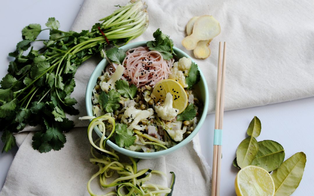 Zesty Kaffir Lime, Ginger, Coconut Curry with Brown Rice Noodles