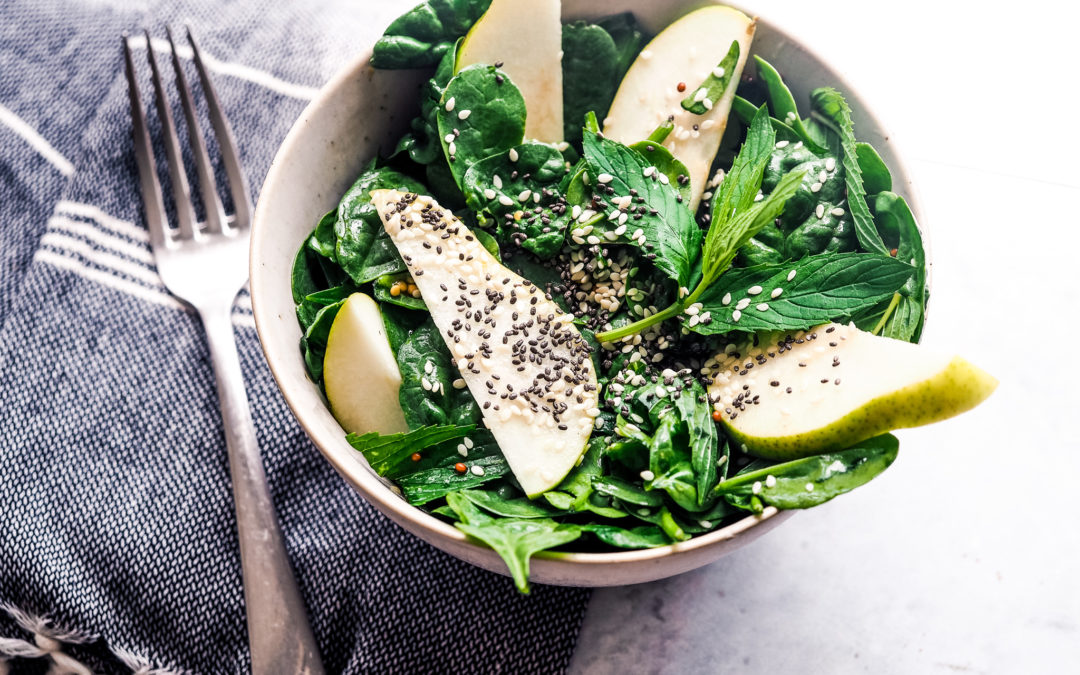 Baby Spinach, Pomegranate, Pear & Mint Salad + Protein