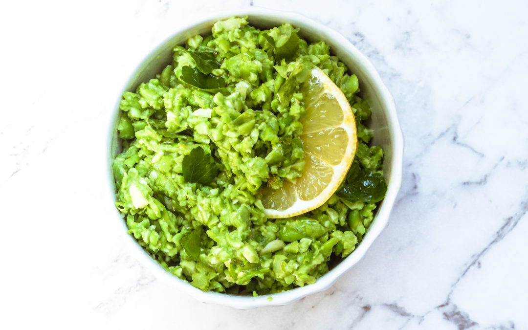 Broccoli Flat Breads + Pea, Edamame, Lemon + Coriander Dip