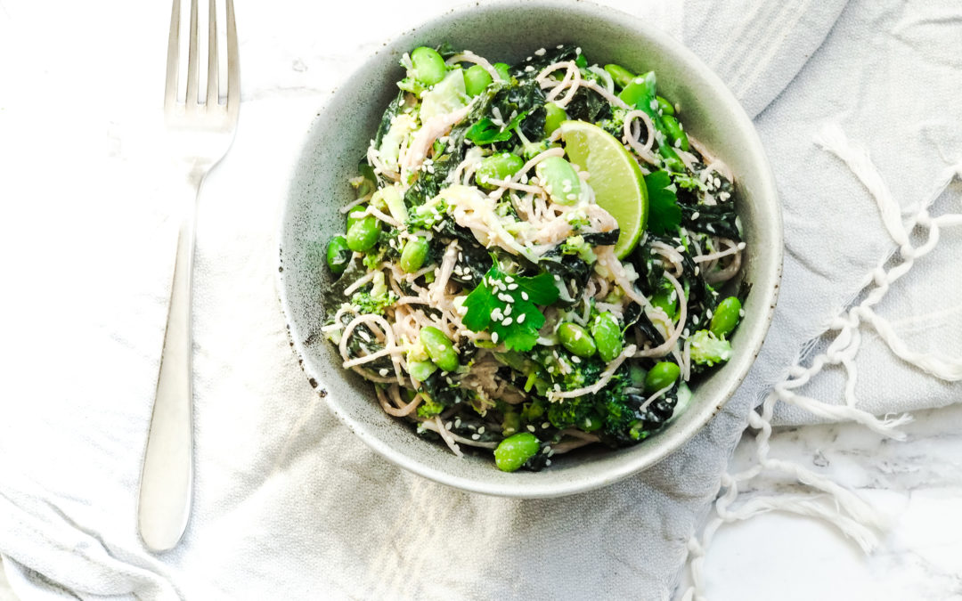 Brown Rice Noodle, Broccoli, Seaweed and Edamame Salad with Tahini and Ginger Dressing