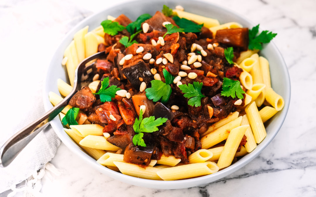 Roasted Eggplant, Tomato & Basil Pasta