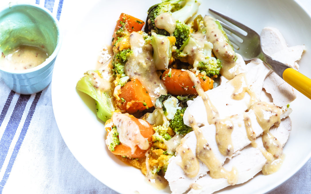 Poached Chicken & Vegetables w Tahini Mustard Sauce