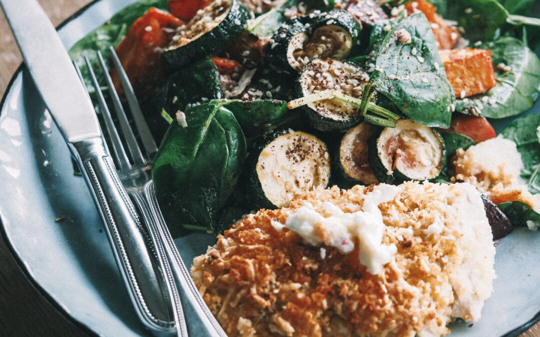Parmesan Crumbed Chicken w Roast Veg Salad